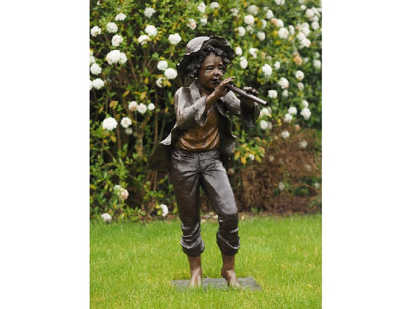 Bronzen beeld muziek - kind speelt fluit - GardenArts