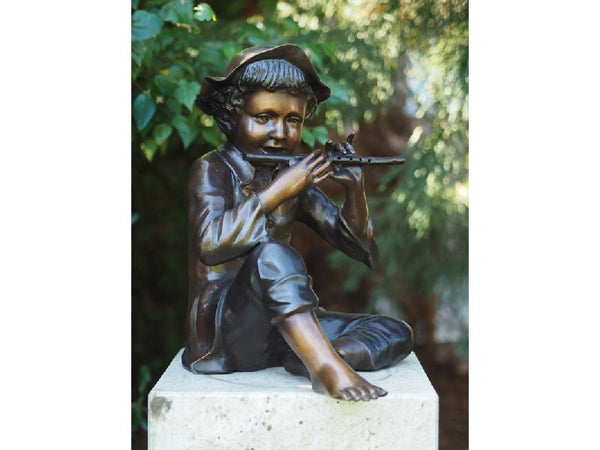Bronzen beeld muziek - kind met fluit - GardenArts